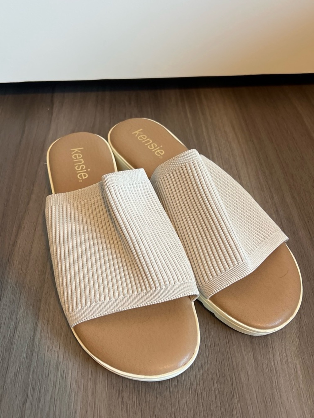 Kensie Neutral Ribbed Knit Slide Sandals - Beige